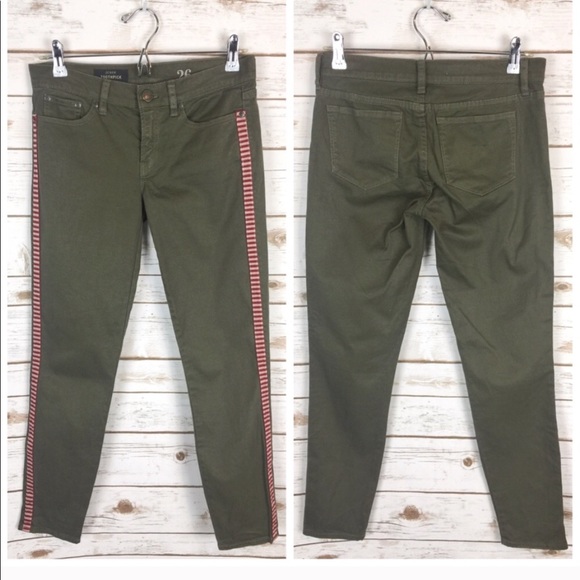 J.Crew 26 toothpick fatigue jeans tux stripe ankle olive green steampunk - Picture 5 of 8